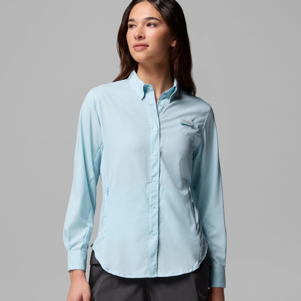 Columbia PFG Womens Medium Blue Long Sleeve Snap Front Fishing Shirt Ventilated - Picture 2 of 12